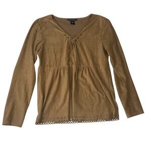 Lexi & Tasch size medium y2k tan tie front eyelet cutout long sleeve shirt 90s b